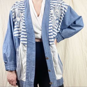 Vintage 80s Funky Blue White Striped Embroidered Button Front Cardigan Jacket